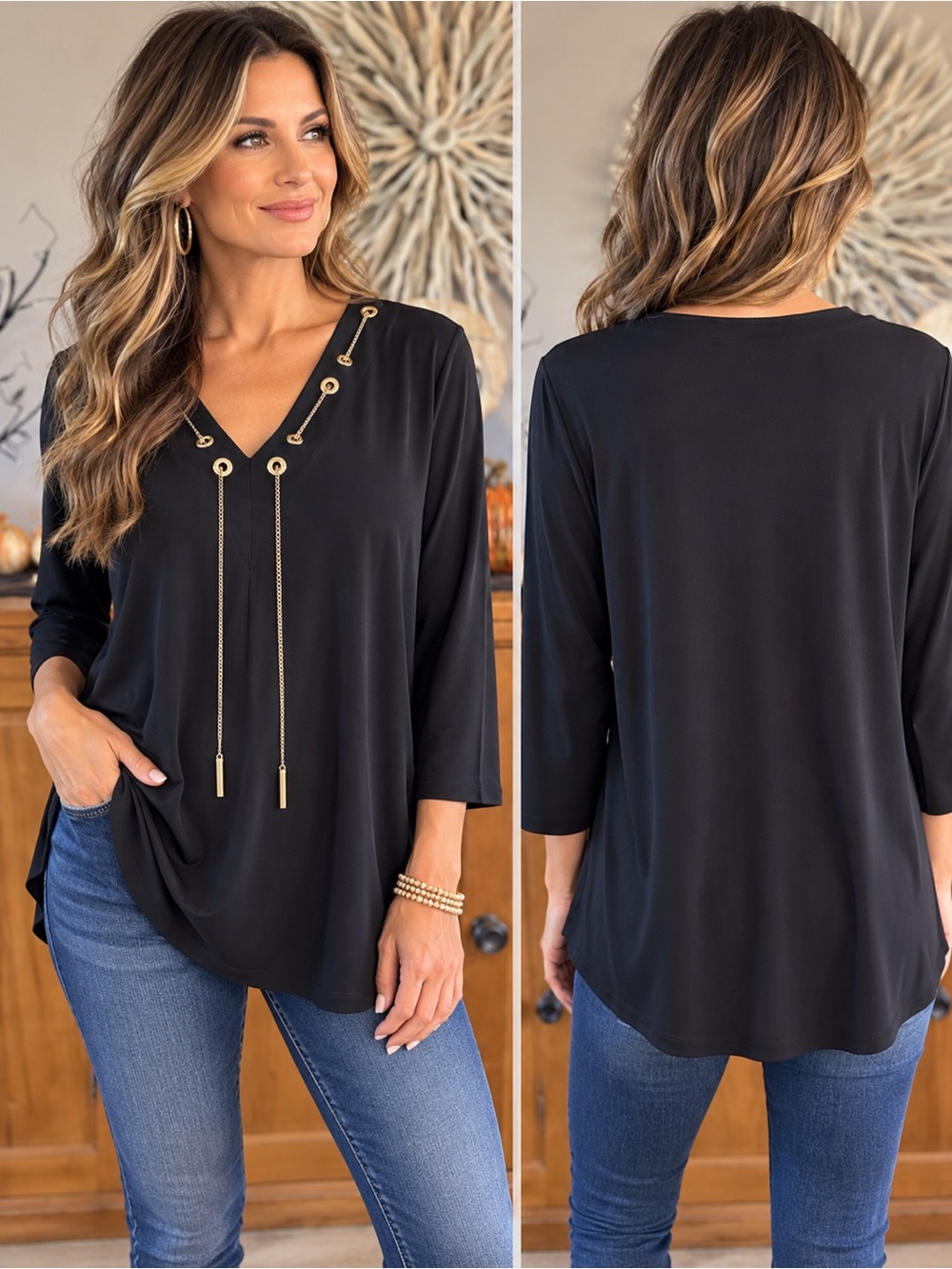 Susan Graver Black Gold Chain Detail V-Neck Tunic Top